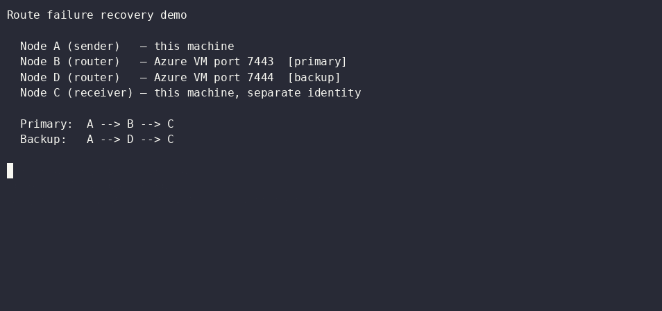 Route failure recovery â€" primary router B killed, traffic re-routed through D